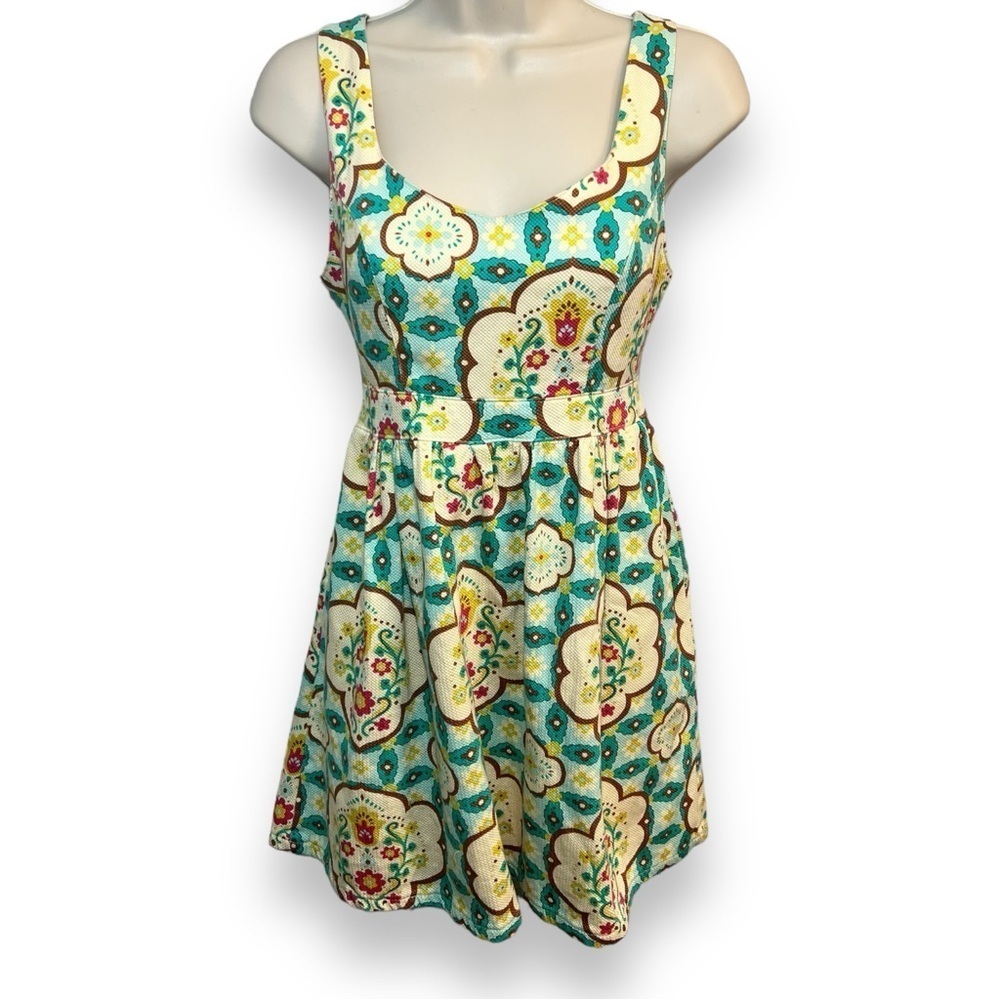 Judith March Women’s Floral Print Tie Back Mini Dress Teal Size Medium
